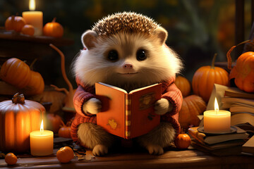 Cute hedgehog character reading book at home in the autumn.