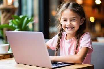 Cute little girl using laptop at home, Education, online study, home studying, distance learning, homework, schoolgirl children lifestyle concept.