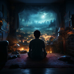 Concept of gaming addiction, featuring back view of a boy sitting in a dark room, lit by the glow of a screen. Capturing immersive nature of excessive gaming and its potential risks.