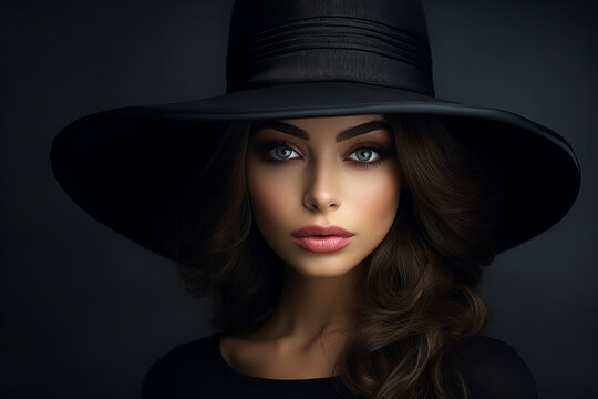 Dramatic dark studio portrait of elegant and sexy young woman in black wide hat and black dress.