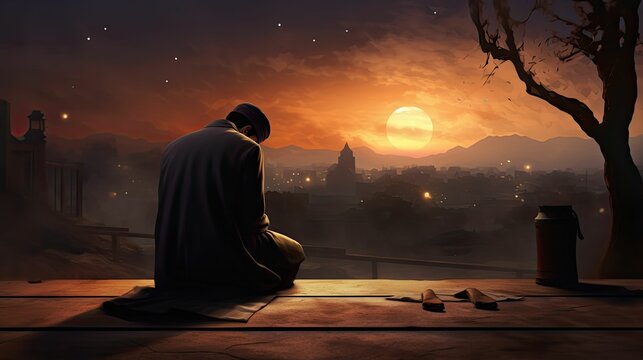 photograph of A Muslim man is facing the sunset and praying namaz or salah. Serene holy night background.generative ai