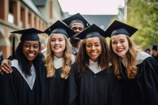 Happy diverse satisfied university graduates.