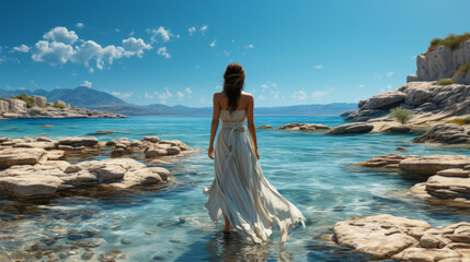 Fototapeta na wymiar Greek goddess standing majestically against the backdrop of a blue sea and a blue sky.