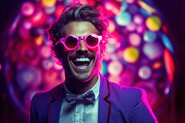 man smiling with glasses and purple backgrounds, in the style of neo.