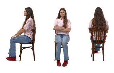 side, front and back view of same woman sitting on chair on white background