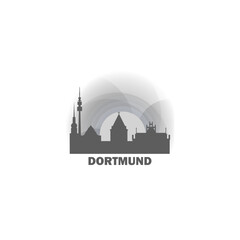 Germany, Dortmund cityscape, skyline, panoramic vector flat logo, icon. German townscape emblem with landmarks and building silhouettes at sunset, sunrise