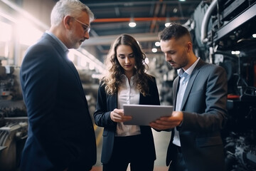 In Technology Research Facility: Female Project Manager Talks With Chief Engineer, they Consult Tablet Computer.