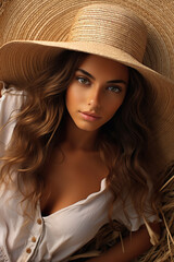beautiful tanned girl who lies on a wheat field holding straw hat that covers her body, she looks at camera with serious face.