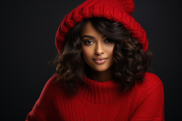 Portrait of beautiful sexy black female model wearing red sweater and jacket in studio with dark background.