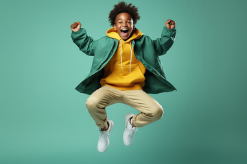 Portrait of jumping African-American teenage boy on green background.