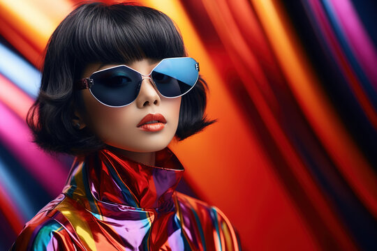 Portrait of fashion asian model, in style of futurism fashion, saturated color.