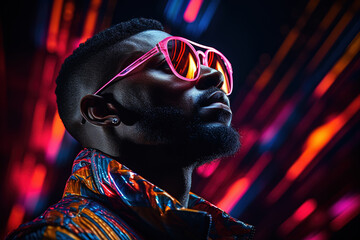 The retro wave or synth wave portrait of a young happy serious African man at studio.