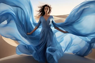 Gardinen Woman in blue waving dress with flying fabric. © AI_images