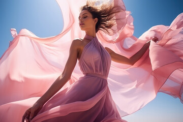 Woman in pink waving dress with flying fabric. - Powered by Adobe