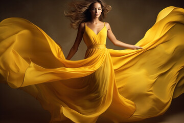 Woman in yellow waving dress with flying fabric. - obrazy, fototapety, plakaty
