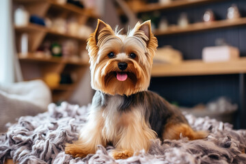 Yorkshire terrier with wool lying around him.