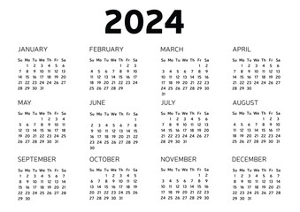 Horizontal calendar 2024 A4. Vector illustration. 