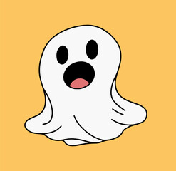 Cute doodle ghost isolated on yellow background. Vector illustration.