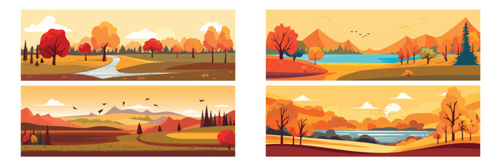 Fototapeta na wymiar Set of beautiful autumn landscape. Fall landscape, horizontal background. Vector illustration.