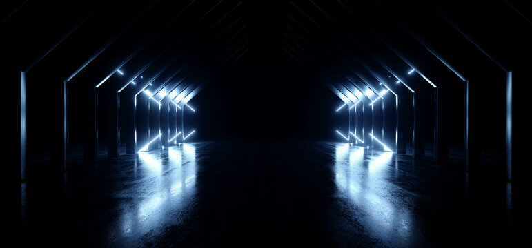 Modern Sci Fi Futuristic Cyber Dark White Blue Laser Neon Beam Lights Glowing On Cement Asphalt Glossy Concrete Tunnel Corridor Showroom 3D Rendering