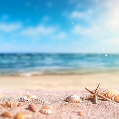 Fototapeta na wymiar Starfish and seashells on sandy beach. summer vacation concept 