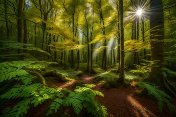 Fototapeta na wymiar Sunlight filters through the dense canopy of the photo forest, illuminating vibrant hues of green and gold generative ai technology 