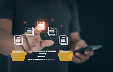 Data transfer, Hand touch on document for Send of document on internet.  Transfer file of data...
