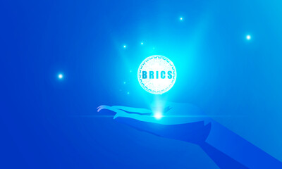 Abstract technology polygon hand holding a BRICS Summit Concept with Initials of Member Countries with in Icons of Hand Fists symbol Hitech communication concept 