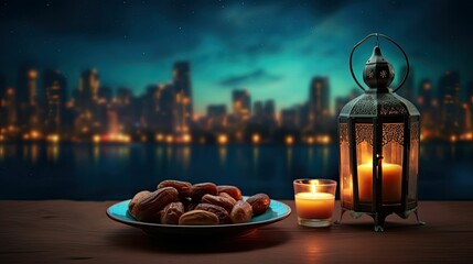 Lantern that have moon symbol on top and small plate of dates fruit with night sky and city bokeh light background for the Muslim feast of the holy month of Ramadan Kareem.generative ai - obrazy, fototapety, plakaty