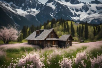 Fototapeta na wymiar Wooden remote house in a beautiful landscape full of blossom flowers
