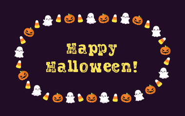 Cute Halloween frame template. Oval Halloween border design with cartoon ghost, jack o lantern, pumpkins, candy corn. Social media banner vector illustration