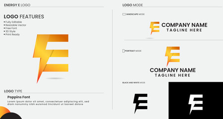 Energy E logo. Flash E letter logo. Business. Power. Electricity power. Finance. Premium template. Volt E. lettering design. Colorful. Unique vector art