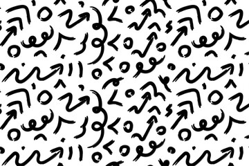 Seamless pattern with various geometric modern lines. Geometric shapes are drawn by hand with a bold brush. Arrows, circles, curls, asterisks and curved bold lines. Vector abstract pattern
