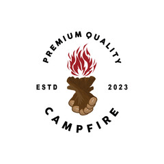 Campfire Logo Design, Bonfire Vector, Adventure Camp Outdoor Wood Flame Vintage Retro Illustration
