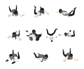 Man Parachutist Skydiving and Free-falling in the Air Descenting on the Earth Vector Set. Flat vector illustration isolated on white background