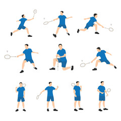Fototapeta na wymiar Young sport man athlete are playing badminton cartoon set isolated on white. Flat vector illustration isolated on white background