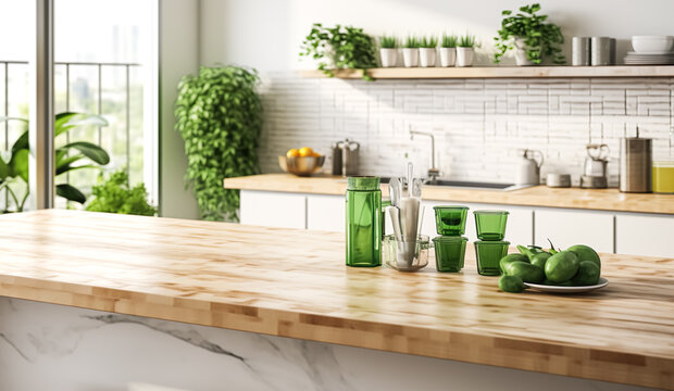Selective focus.Wood desk counter bar in cozy kitchen with window green garden view.food and drink background.ai generated images