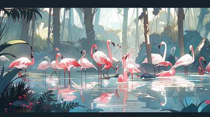 Flamingos in the water forest watercolor wallpaper background generative AI photo
