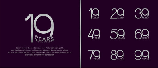 set of anniversary logo silver color on dark purple background for celebration moment