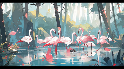 Flamingos in the water forest watercolor wallpaper background generative AI photo