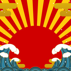 和風　立ち上がる波と日の出の背景素材（正方形）