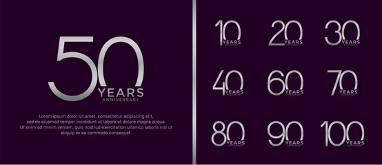 set of anniversary logo silver color on dark purple background for celebration moment