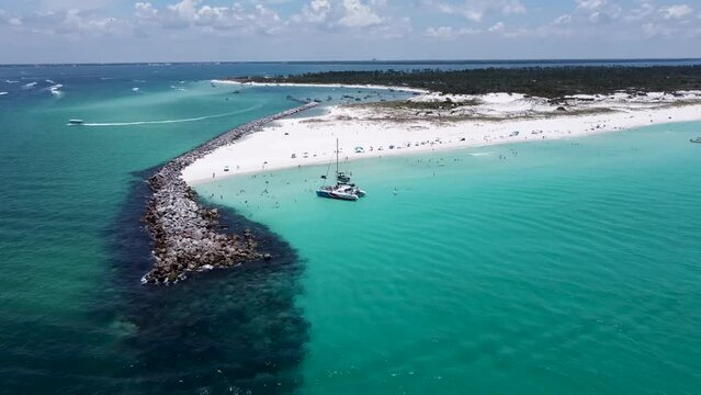 Aerial shot of Panama City Beach's Beautiful Shell Island. Crystal clear blue and green water of Florida&rsquo;s Emerald Coast. Shell Island next to St. Andrews Florida State Park.