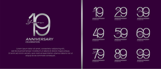 set of anniversary logo silver color on purple background for celebration moment