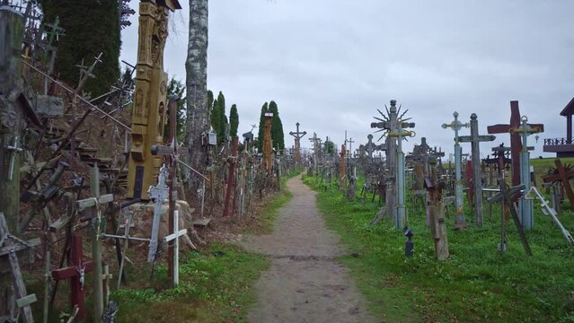 Slow walkthrough of the Hill of Crosses in Lithuania, 