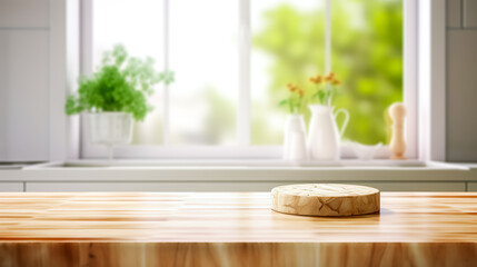 Fototapeta na wymiar Selective focus.Wood desk counter bar in cozy kitchen and chopping board with window green garden view.food and drink background.ai generated images
