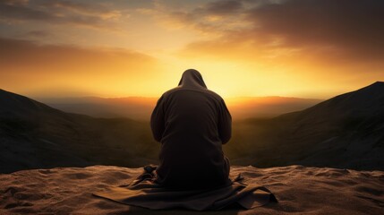 Fototapeta na wymiar photograph of A Muslim man is facing the sunset and praying namaz or salah. Serene holy night background.