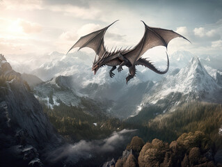 Dragon soaring above a stunning mountain range