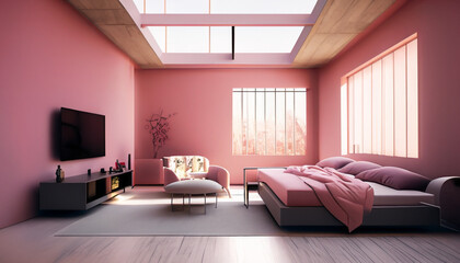 modern living room with a window a modern bedroom  modern architeture pink color building structure, wallpaper, background. Png, Ai Generate 