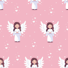 Seamless vector pattern on pink background. Cute girl angel, stars and hearts. . Vector illustration